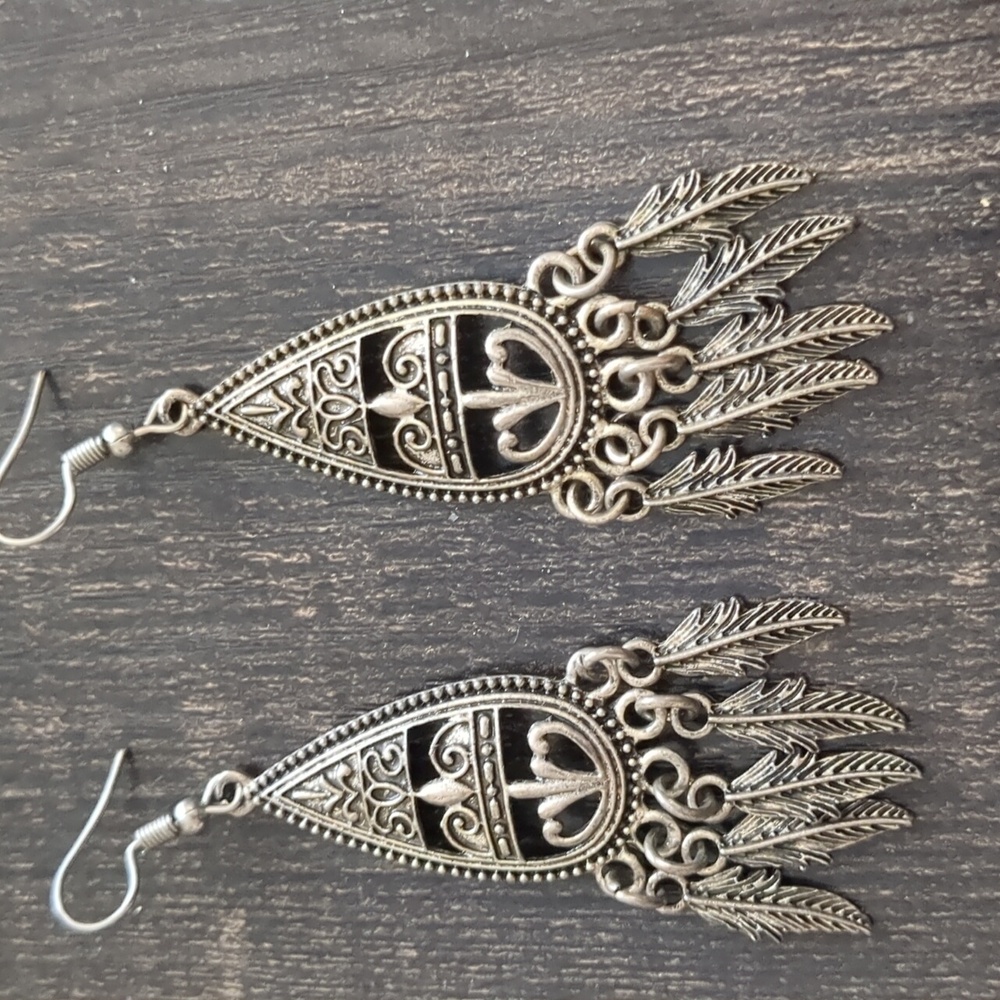 Silvertone Feather Teardrop Aztec Dangle Earrings - Picture 2 of 4